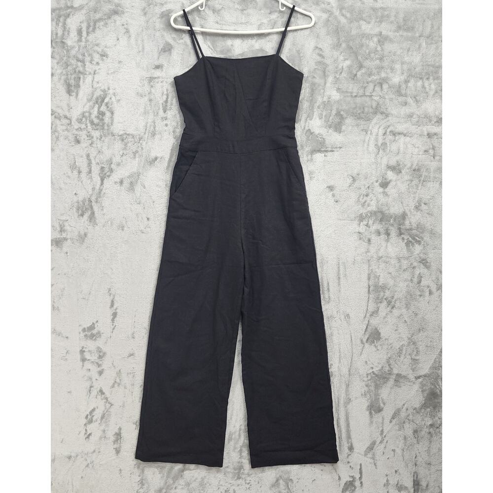 Forever 21 Jumpsuit Womens S Black Linen‎ Blend Spaghetti Strap Fitted Back Zip